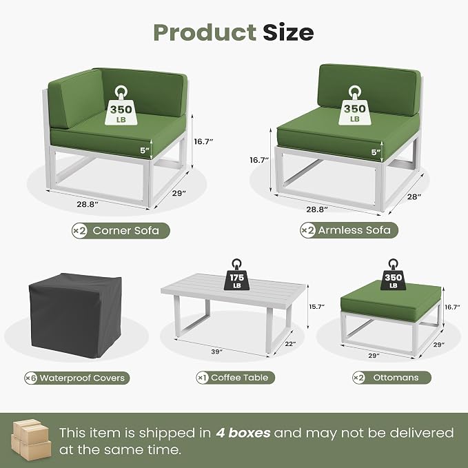 7 Piece Aluminum Patio Furniture Set with Waterproof Cover & 5" Thick Cushions, Aluminum Outdoor Sectional Conversation Set with Coffee Table Ottoman for Porch, Backyard(Light Grey/Green)