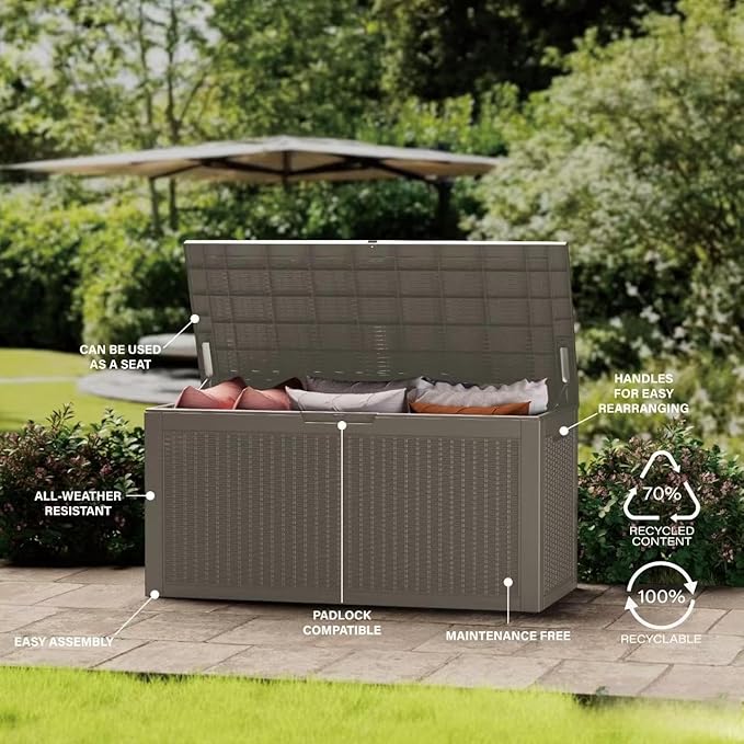 200 Gallon Outdoor Storage Box Patio Deck Box Waterproof, Resin Lockable Outside Large Storage Bin for Pool Cushion Furniture, Garden Tools UV-Resistant, Grey