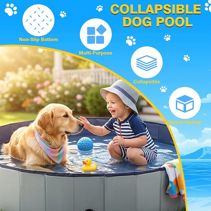 Eooqi Foldable Dog Pool, Collapsible Pet Bath Tub & Kiddie Wading Pool, Portable Hard-Side Dog Swimming Pool for Puppies, Small & Medium Dogs, Cats and Kids (Gray, 32"-S)