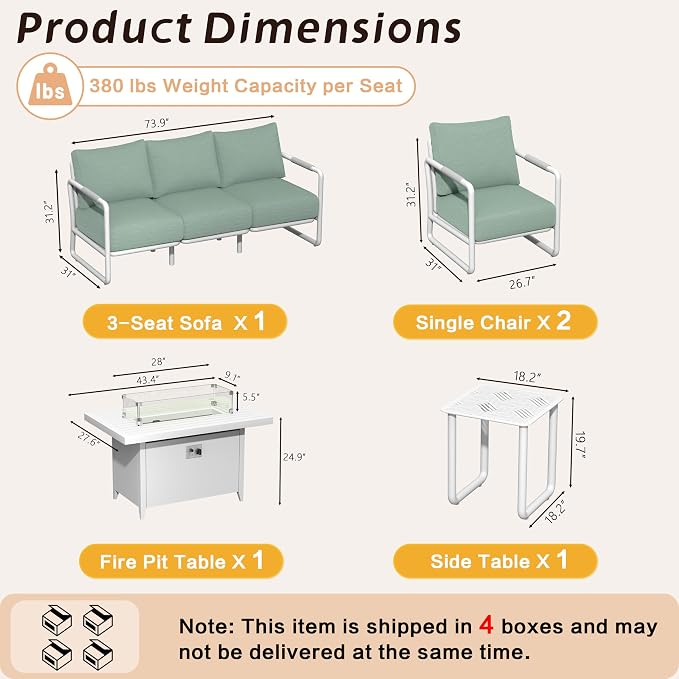 5-Seat Aluminum Patio Conversation Set, Modern Outdoor Sofa with Oversized Fire Pit Table (Glass Wind Guard), 6.5" Thick Cushions, All-Weather for Balcony, Garden (White)