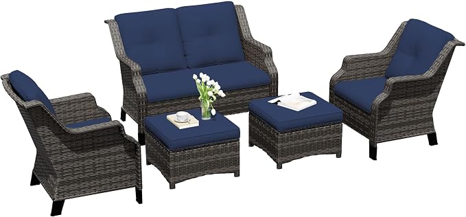 5 Pieces Patio Furniture Set, Outdoor Furniture Set with 2 Patio Chairs, 2 PE Rattan Ottoman, 1 Patio Wicker Loveseat with Thick Cushions, Ideal for Backyard, Garden, Poolside, Blue