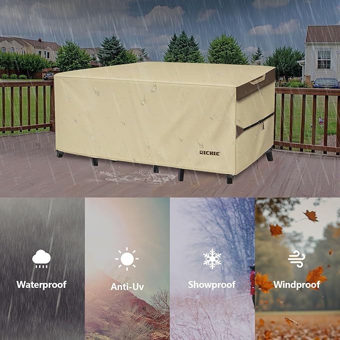 RICHIE Outdoor Patio Furniture Cover - Heavy Duty Waterproof 600D Tough Canvas Protector for Rectangular Table Cover, All-Season Dining Table and Chair Covers (72L x 44W x 28H Inch)