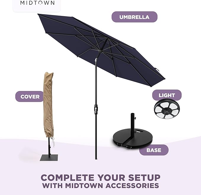 The Swilt 9 Feet Outdoor Umbrella With Terylast Navy (Navy Blue) Polyester Fabric - Fiberglass Ribs, Auto-Tilt And Swivel Aluminum Frame Patio Umbrella For Deck, Garden, Pool - Black Pole