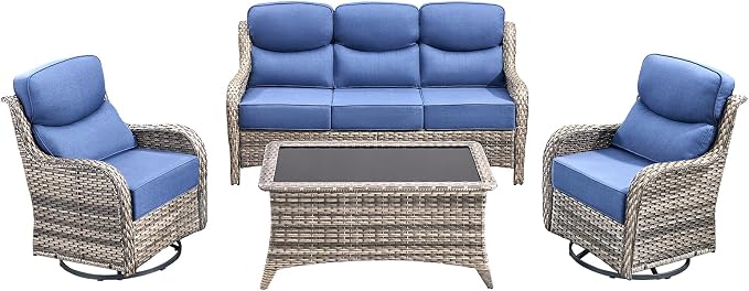 Luxury High Back Outdoor Furniture with 6-Inch Thick Cushions, Patio Furniture Set with Swivel Chairs, 4 PCS Wicker Conversation Set for Porch, Balcony, Deck and Yard