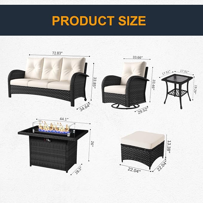 7 Pieces Outdoor Wicker Patio Swivel Rocking Chairs, All Weather Wicker Conversation Set with 44" Fire Pit Table