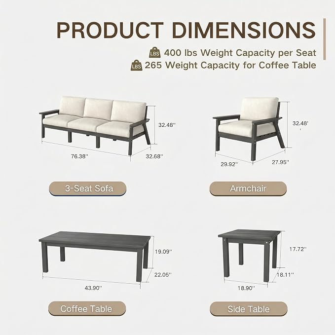Kingdura HDPE Patio Furniture Set, 4 Piece Outdoor Sectional Sofa with Coffee Table, All Weather Outdoor Couch Conversation Set with Washable Cushions for Backyard Poolside Balcony