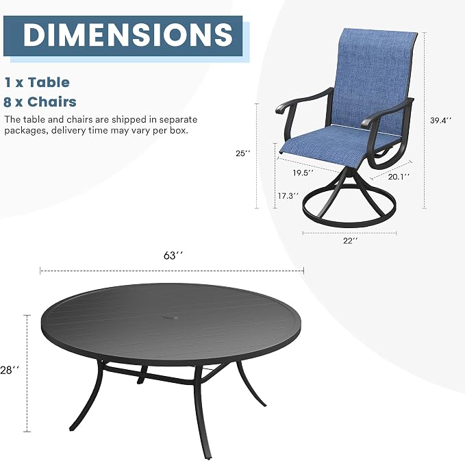 DIFY Outdoor Dining Set for 8, 9 Piece Patio Table and Chairs Set, Swivel Patio Dining Chairs with Blue Textilene & 63" Black Round Metal Dining Table with Umbrella Hole, for Garden Backyard Deck