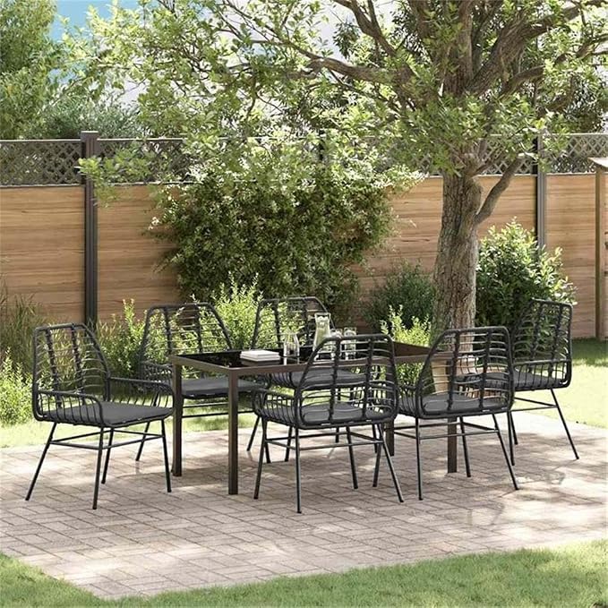 Afuera Living 7 Piece Poly Rattan Garden Dining Set, Black, Weather-Resistant Patio Furniture with Glass Table Top, UV Protection, Comfortable Armrest Seating, Modern Outdoor Dining for Garden or