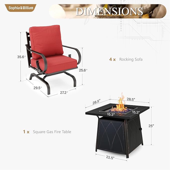 Sophia & William Patio Conversation Set for 4, 4 Rocking Chairs and a 28" Square Fire Pit Table, Metal Outdoor Furniture with 5.75" Extra Thick Cushions, Red