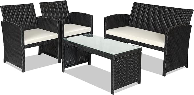 Goplus 4-Piece Rattan Patio Furniture Set, Outdoor Wicker Conversation Sofa with Weather Resistant Cushions and Tempered Glass Tabletop for Lawn Backyard Pool Garden (White(Black Wicker))