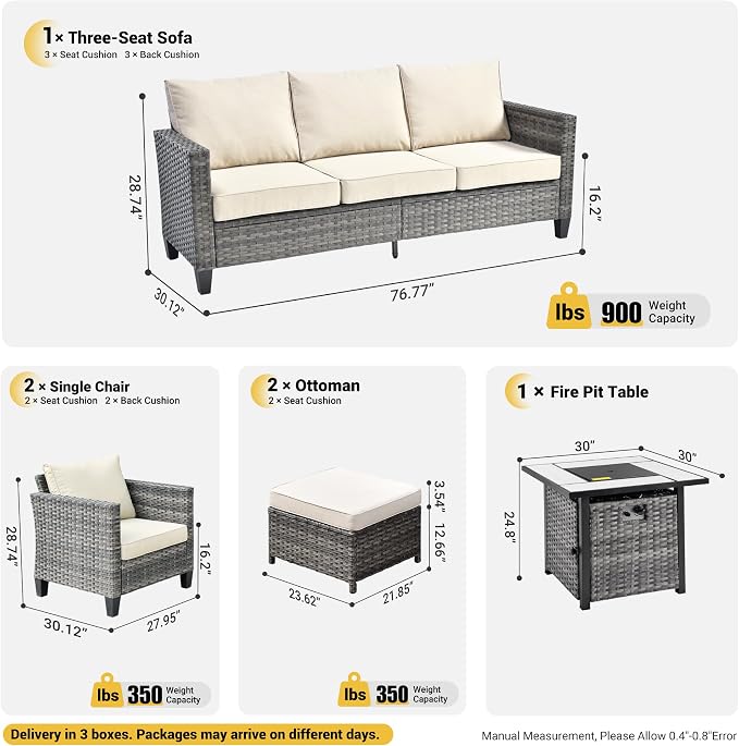 ovios 6 Pieces Patio Furniture Set with 30" Fire Pit Table, Outdoor Wicker Sofa with Comfy Cushions, All Weather High Back Rattan Couch Conversation Set, Beige