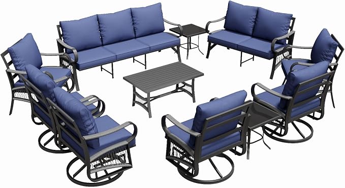 11 Piece Patio Furniture Set, 4 Single Swivel Chairs, Rope Braided Exposed with Thick Cushions, Outdoor All Weather Patio Conversation Sectional Sofa Set for Garden, Porch, Lawn, Blue