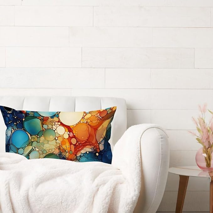 Lumbar Pillow Cover Ink Rainbow Shapes with Gold Cushion Cases Modern Abstract Alcohol Ink Textures Pillow Cover Accent Outdoor Garden Decoration for for Home Decor Sofa Bedroom Car 12x24in