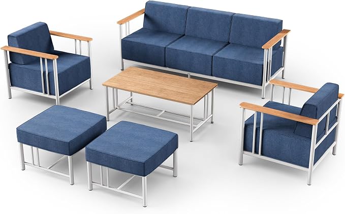 Luxury Patio Furniture Set with 10" Extra Thick Cushions, 6 PCS Outdoor Furniture Set with Patio Chairs & Couch & Coffee Table, Suitable for Porch, Balcony, Deck, Yard, Poolside, White/Blue