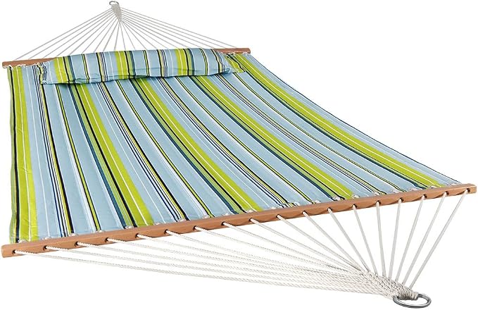 Sunnydaze Quilted Double Hammock for Outside with Spreader Bars and Pillow - 450 lb Capacity, 74x55 Inch Bed, UV Resistant, Quick Dry - Chains Included, Stand Sold Separately - Blue & Green