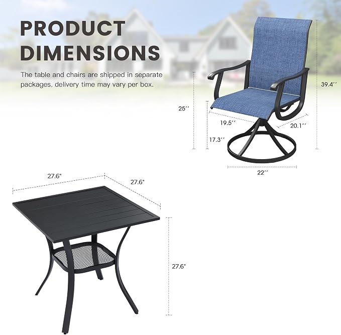 Outdoor Dining Set for 2, 28" Metal Square Outdoor Dining Table and Sling Patio Swivel Chairs, 3 Pieces Patio Table and Chairs Set for Garden Backyard, Dark Blue and Black