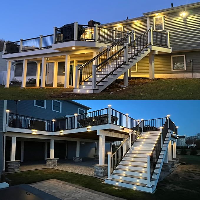LED Outdoor Deck Lights Kits, Φ1.18in Warm White 10 Pack Silver, Low Voltage 12V DC IP67 Waterproof, Electric Wired Recessed Exterior Stair Step Riser Landscape Lighting for Outside Floor Yard