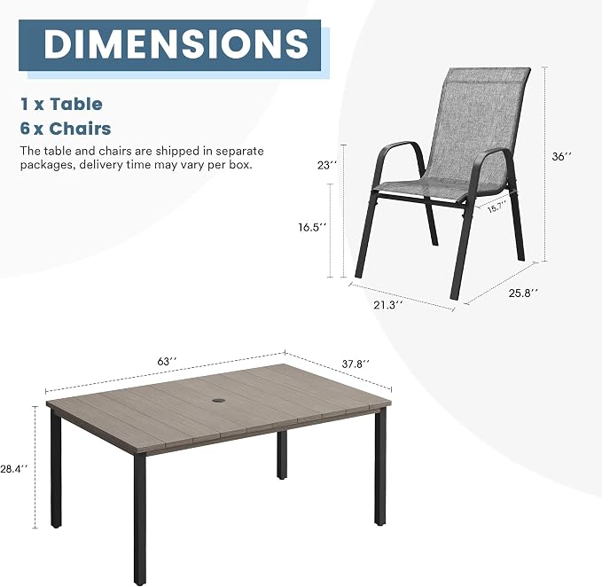 DIFY 7 Piece Outdoor Dining Set, 63" Grey Wood-Like Rectangle Metal Patio Table and Grey Textilene Stackable Chairs for 6, All Weather Patio Furniture Set with Umbrella Hole for Backyard Garden Deck