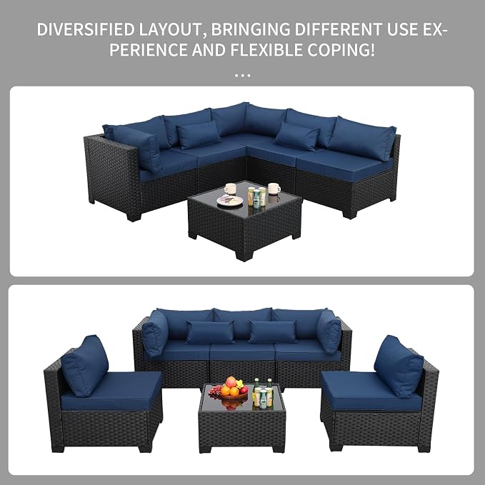 Rattaner Patio Sectional 6 Pieces All-Weather Wicker Patio Furniture Set Outdoor Sectional with Glass Table Non-Slip Cushions and Waterproof Cover, Navy Blue