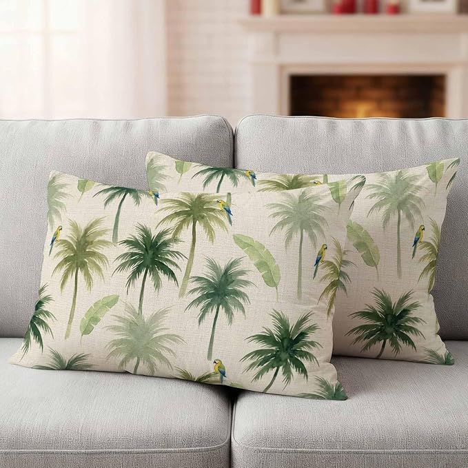 Yukro Summer Palm Tree Parrot Outdoor Waterproof Pillow Covers Pack of 2, Tropical Green Leaf Bird Retro Throw Pillowcases Decorative Cushion Covers for Garden Patio Tent Sofa Couch, 20x12 inch