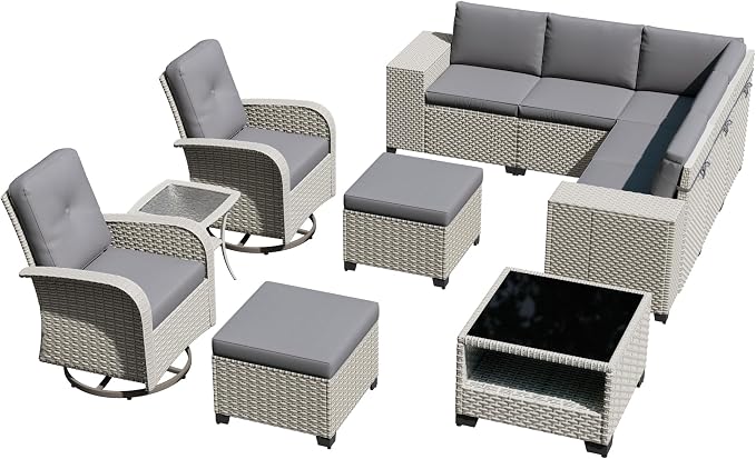 11-Piece Outdoor Patio Furniture Set, Modular Sectional Sofa Set with Swivel Rocker Chairs & Ottomans, Wicker Outdoor Couch Conversation Sets w/Coffee Table and Cushions, Gray