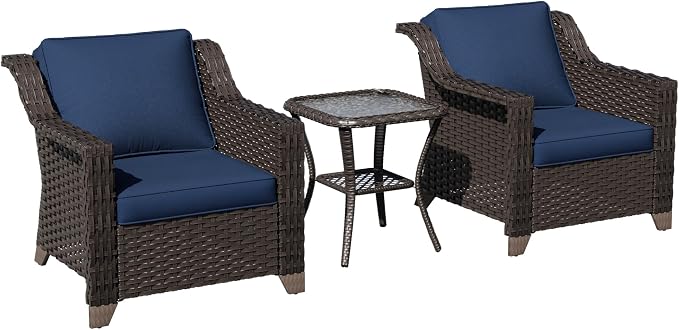 3 Pieces Patio Conversation Furniture Set - 2 Armchairs, 1 Side Table, Outdoor Wicker Furniture with Removable Cushions for Porch, Balcony, Deck, Sunroom (Blue)