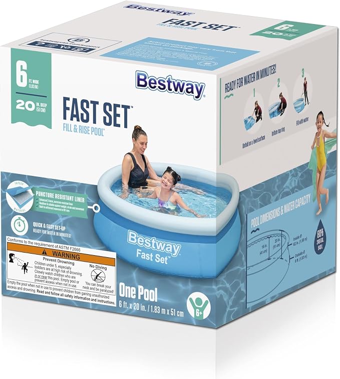 Bestway Fast Set Inflatable Above Ground Pool | 6' x 20" Round | Puncture-Resistant Tritech Material | 248 Gal Capacity | Easy Setup & Storage | Inflatable Top Ring Swimming Pool for Kids