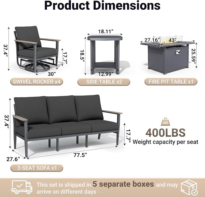 Aluminum Outdoor Patio Furniture Set, 8-Piece Sectional Sofa with 5.1" Thick Cushions, 4 Swivel Rocking Chairs, 55,000 BTU Propane Fire Pit Table, Outdoor Couch for Backyard, Deck, Black