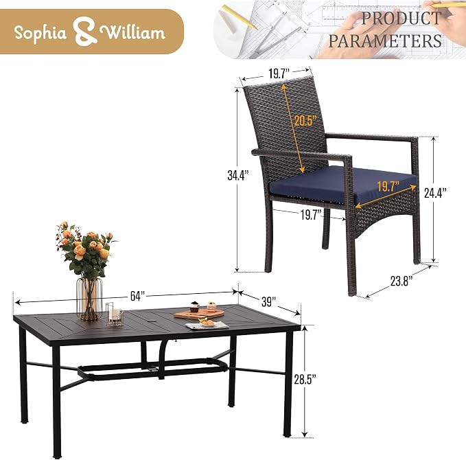 Sophia & William 7-Piece Patio Dining Set, Metal Table, PE Wicker Chairs | All Weather Patio Table and Chairs Set for 6, Perfect for backyard, deck, porch