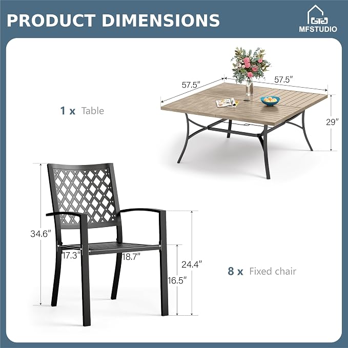 MFSTUDIO Patio Dining Set for 8, Metal Patio Table and Chairs Set, Outdoor Dining Set with Umbrella Hole, 9 Piece Outdoor Patio Furniture Set for Deck Backyard Poolside Garden