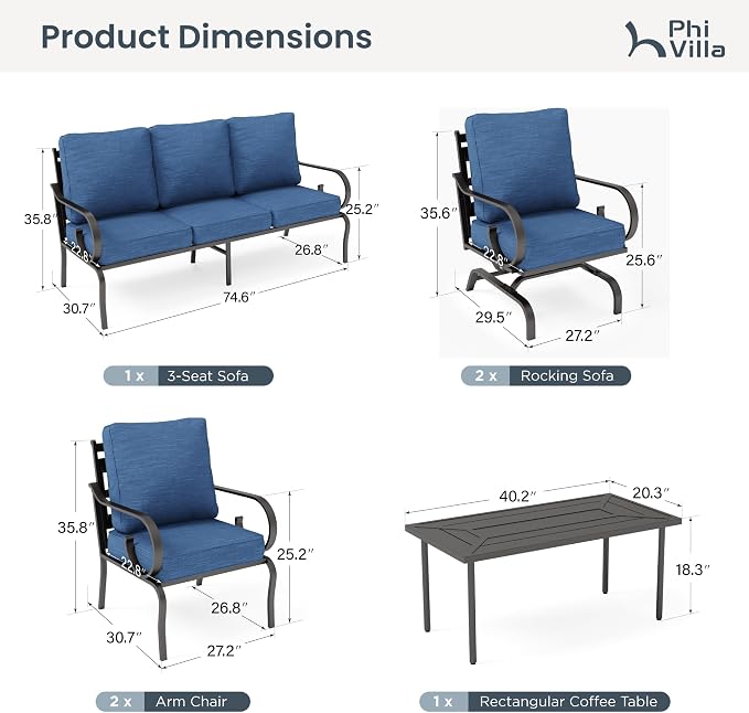 PHI VILLA Patio Furniture Set, 3-Seater Sofa, 2 Fixed Chairs, 2 Rocking Chairs and a Coffee Table, Outdoor Metal Conversation Set with 5.75" Extra Thick Cushion for Garden Backyard Deck, Navy