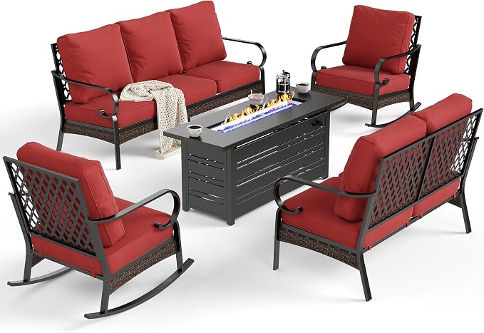 SUNSHINE VALLEY 5 Piece Metal Outdoor Patio Furniture Sets with Firepit Table, Patio Conversation Sets 1 3-Seater Sofa, 1 Loveseat, 2 Rocking Chair with 5.75" Cushion for Backyard Deck, Rust Red