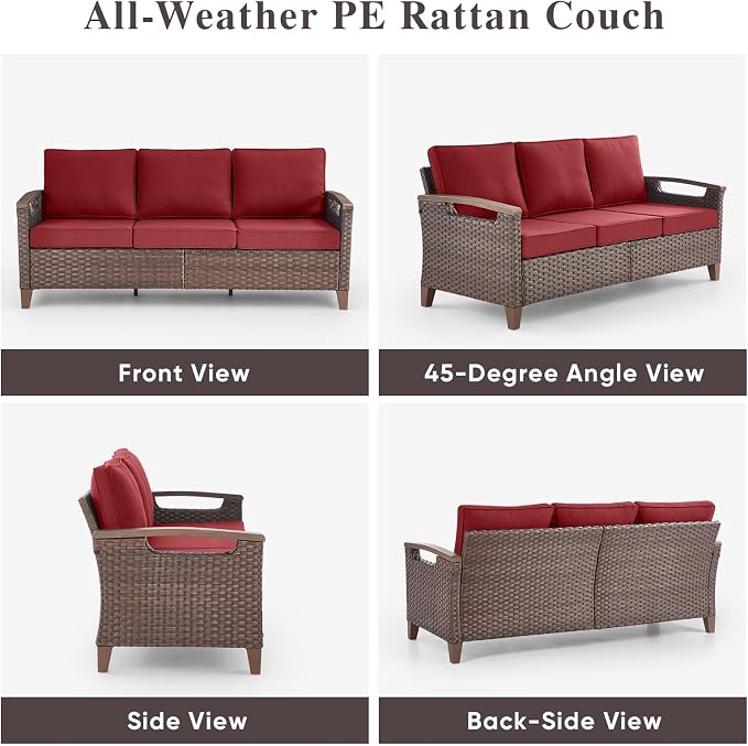 Rilyson Luxury Wicker Outdoor Couch Patio Sofa, 3 Seater Rattan Patio Couch Water Resistant,Comfortable Cushions and Sturdy Metal Frame for Outside Porch Deck Backyard, Brown/Red