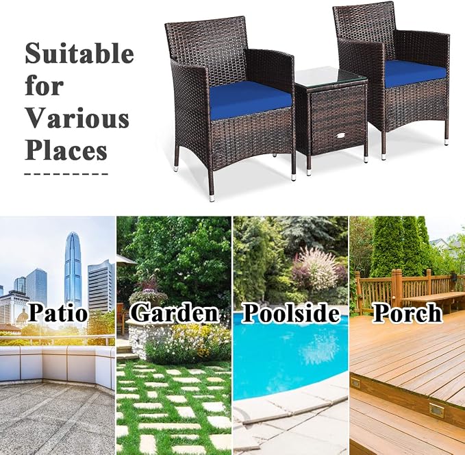 Tangkula Patio Furniture Set 3 Piece, Outdoor Wicker Rattan Conversation Set with Coffee Table, Chairs & Thick Cushions, Suitable for Patio Garden Lawn Backyard Pool (Navy)