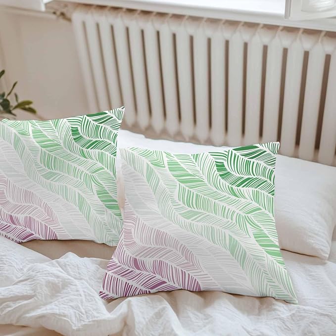 Vandarllin Outdoor Throw Pillows Covers 24x24 inch Set of 2 Waterproof Summer Beach Decorative Zippered Cushion Covers for Patio Furniture, Ombre Green Abstract Leaf Lines Lumbar Pillowcases