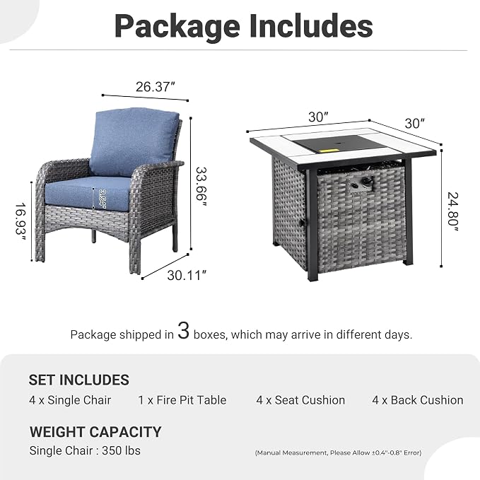 ovios 5-Piece Patio Furniture Set, Outdoor Wicker Sofa with Chairs Fire Pit Table, High Back Rattan Chair with Comfy Cushions for Porch Yard Deck, Denim Blue