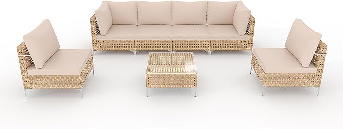 Outdoor Wicker Patio Furniture Set - 7 Piece | Outdoor Wicker Sectional Couch, Weave Rattan Sofa, with Coffee Table & Thick Cushion, Perfect for Deck, Garden, Backyard