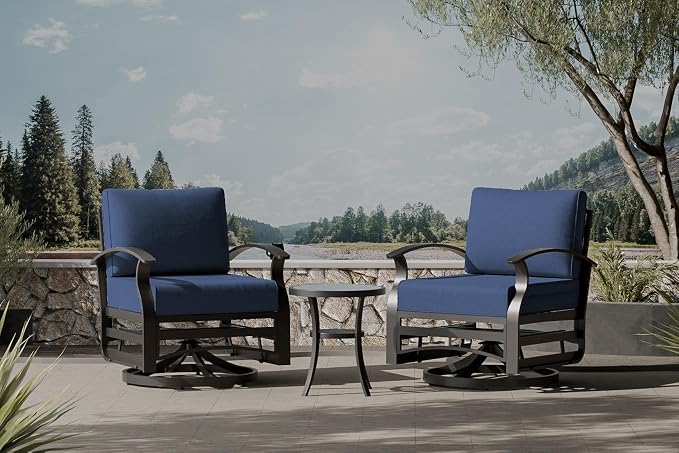 Outdoor Patio Furniture Set, 3 Piece Aluminum Metal Chairs Swivel Rocker, Overstuffed Washable Cushions Bistro Set for Porch, Balcony, Deck, Garden Navy