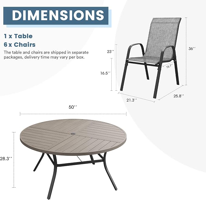 DIFY 7 Piece Outdoor Dining Set, 50" Grey Wood-Like Round Metal Dining Table and Grey Textilene Stackable Patio Chairs, Patio Table and Chairs Set for 6 with Umbrella Hole for Backyard Garden Deck