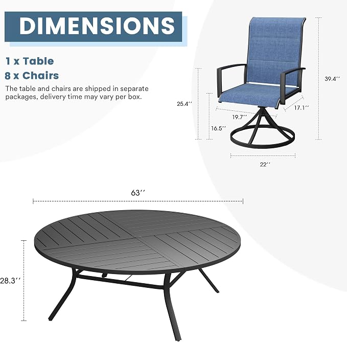 DIFY 9 Piece Outdoor Dining Set, Metal Patio Table and Chairs Set, 63" Black Round Dining Table & 8 Blue Padded Textilene Swivel Patio Chairs, Outdoor Furniture Set for Garden Backyard Porch