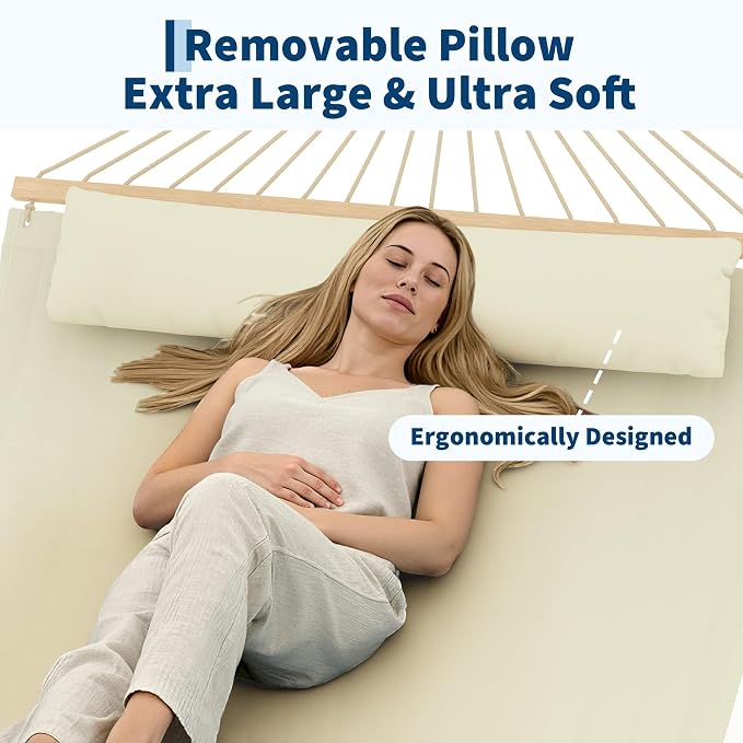 Hammock for Outside Double Hammock for 2 People Outdoor Patio & Backyard Swing Bed Pillow, 450lbs Capacity, Durable and Comfortable for Outdoor, Indoor, Patio