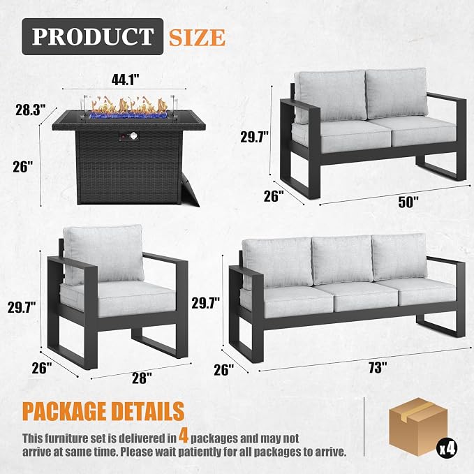 Outdoor Aluminum Furniture Set with Fire Pit Table - 5 Pieces Modern Patio Conversation Sets Metal Sectional Sofa Set