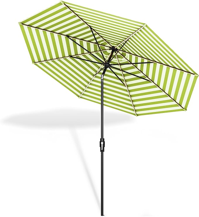 Midtown Umbrellas The LED Swilt 9 Feet Patio Umbrella With Terylast Pear Stripes (Green/White) Polyester Fabric - Auto-Tilt Aluminum Frame With LED Lights For Backyard, Deck, Garden, Pool - Black Pole
