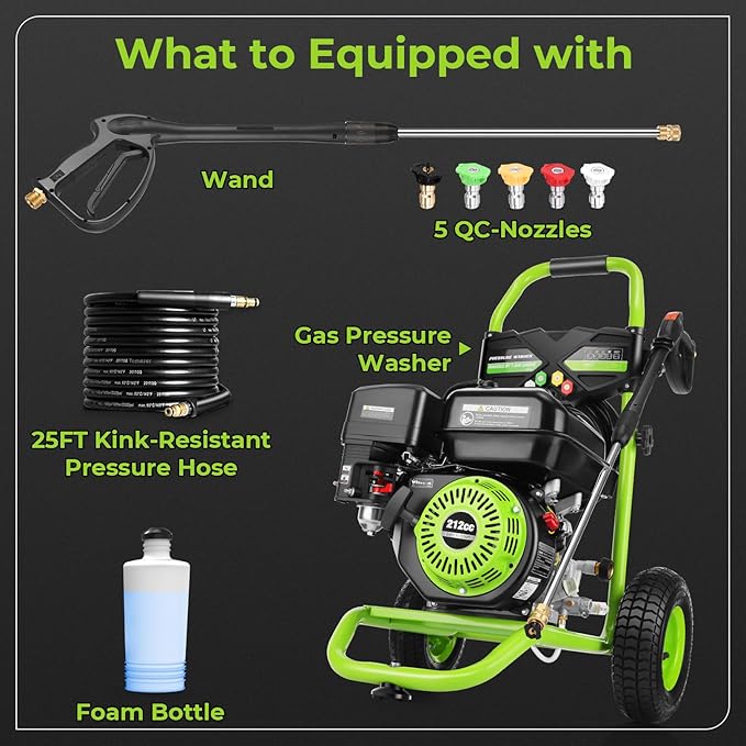 4200PSI Gas Pressure Washer 4.0GPM Gas Power Washer 212CC Gas Powered Washing Machine Commercial High Pressure Washer with 25ft Hose&5 Nozzles for Patio Garden Yard Vehicle,EPA/CARB/ETL (Green)