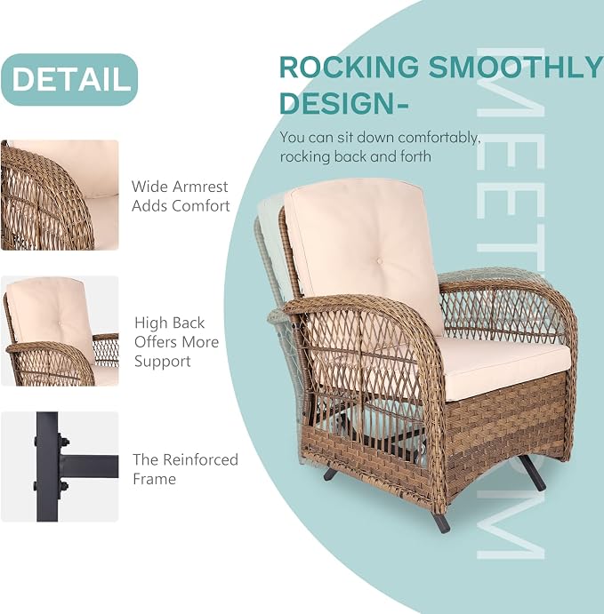 MEETWARM 3 Pieces Outdoor Patio Wicker Rocking Glider Set, Rocking Chairs Rattan Patio Furniture Sets with Thickened Cushion and Glass-Top Coffee Table, Conversation Bistro Set for Porch & Backyard