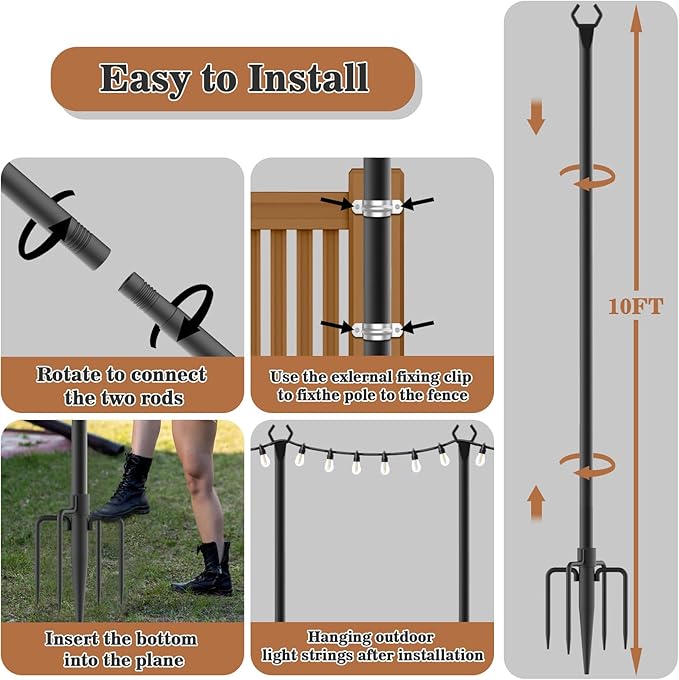 NUERPO 6 Pack String Light Poles,Metal Poles for Hanging Outdoor Light Strings,6 Pack 10 FT Light Poles Stand for Outside Garden,Patio,Wedding,Backyard,Deck,Party