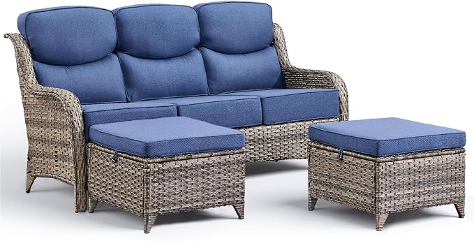 Luxury 3 Pieces Patio Furniture Sets-All Weather Wicker Rattan 3-Seat Sofa Set with Comfy 6" Cushion, Multifunctional Ottomans Patio Conversation Set for Deck Backyard Garden(Grey/Blue)
