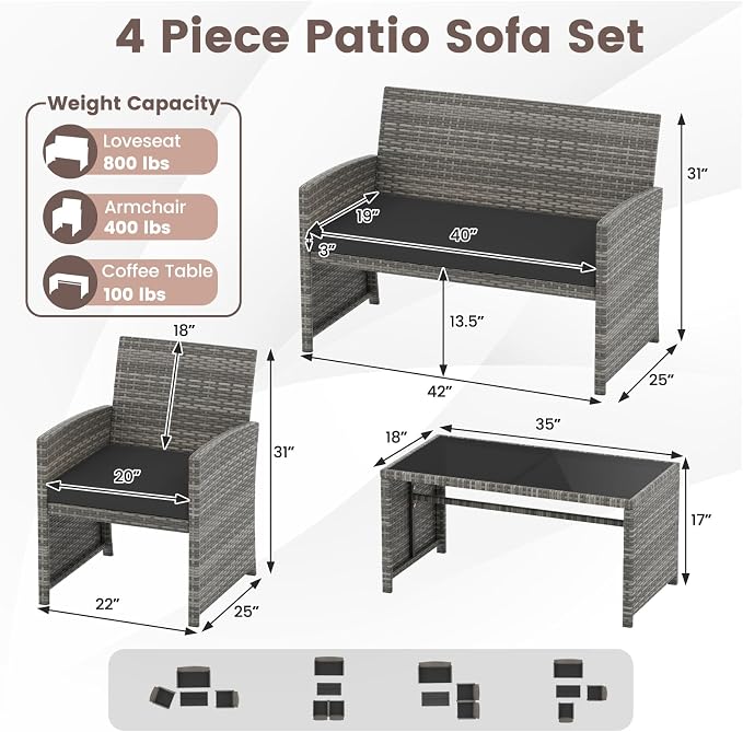 HAPPYGRILL 8 Piece Rattan Wicker Patio Conversation Set, Outdoor Furniture with Chair Loveseat Table & Cushion, for Backyard Porch Balcony (2, Black)