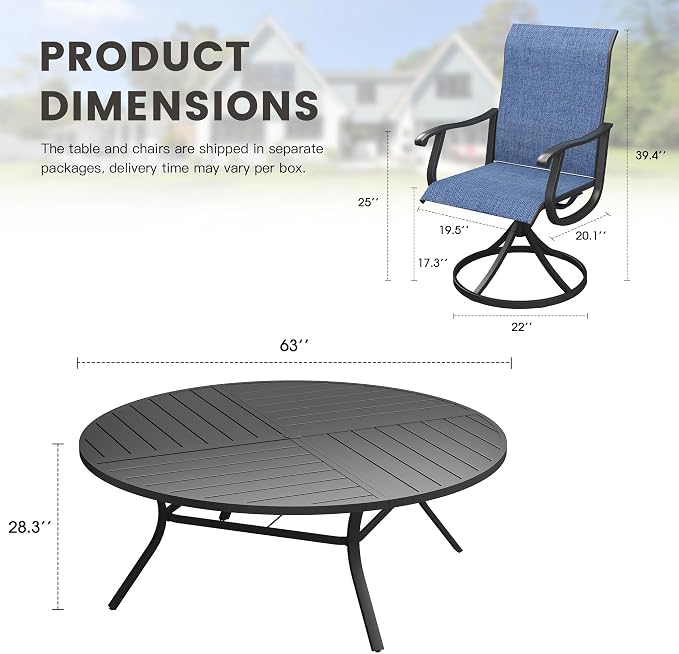 Outdoor Dining Set for 8, 63.1" Metal Round Outdoor Dining Table with Umbrella Hole and Sling Patio Swivel Chairs, 9 Pieces Patio Table and Chairs Set for Garden Backyard, Dark Blue and Black