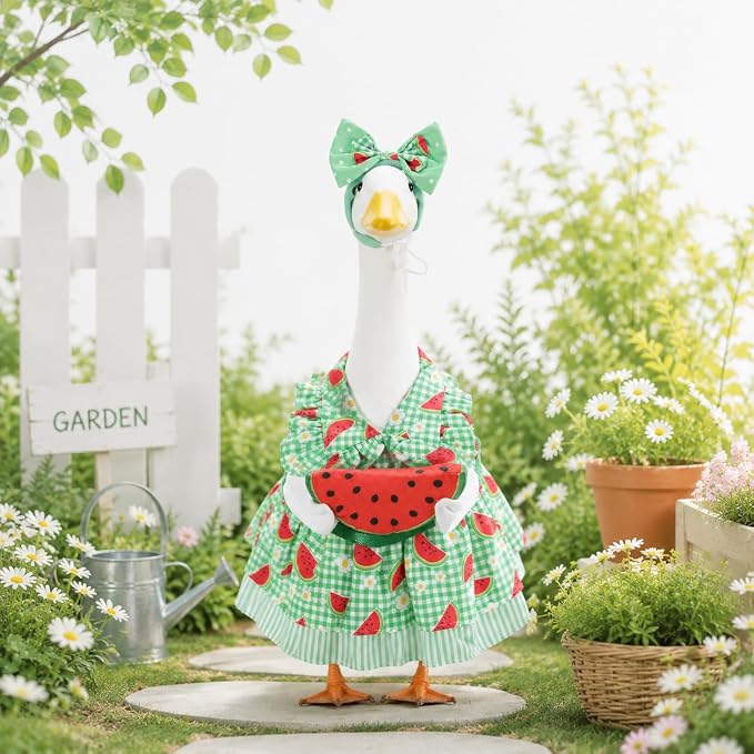 Porch Goose Outfit Set, Dress Bow Headband & Watermelon Slice Prop, Fits 23 Inch Lawn Goose Statue, Cute Novelty Outdoor Garden Yard Decor